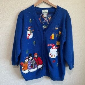 Quacker Factory Womens Embroidered‎ Cardigan 1X Christmas Snowman Birds Holiday